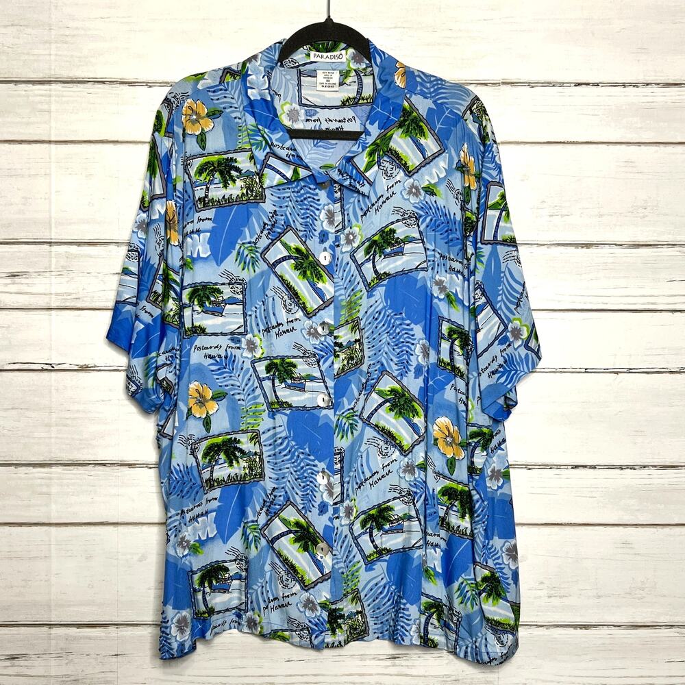 Paradiso Postcards Hawaiian Shirt Blue Embellished Plus Size 3X
